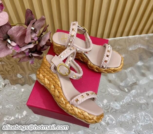 Best Grade Valentino Roman Stud Wedge Sandals 4.5/7.5cm with Straw-Like Outsole Powder Pink 116039