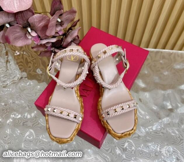 Best Grade Valentino Roman Stud Wedge Sandals 4.5/7.5cm with Straw-Like Outsole Powder Pink 116039