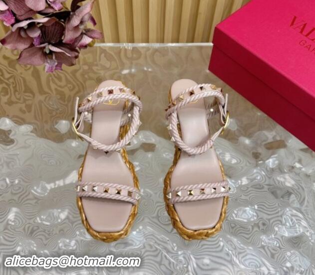 Best Grade Valentino Roman Stud Wedge Sandals 4.5/7.5cm with Straw-Like Outsole Powder Pink 116039