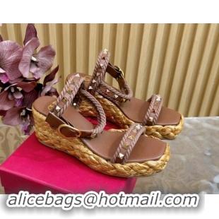 Purchase Valentino Roman Stud Wedge Sandals 4.5/7.5cm with Straw-Like Outsole Brown 116040