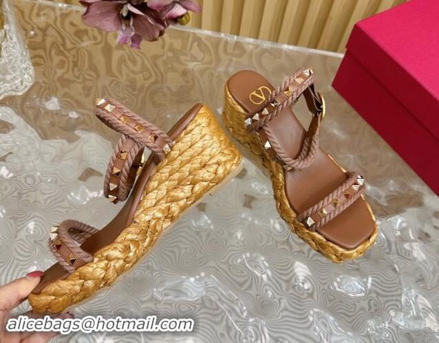 Purchase Valentino Roman Stud Wedge Sandals 4.5/7.5cm with Straw-Like Outsole Brown 116040