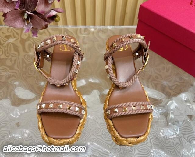 Purchase Valentino Roman Stud Wedge Sandals 4.5/7.5cm with Straw-Like Outsole Brown 116040