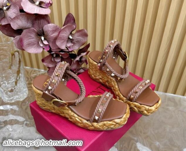 Purchase Valentino Roman Stud Wedge Sandals 4.5/7.5cm with Straw-Like Outsole Brown 116040