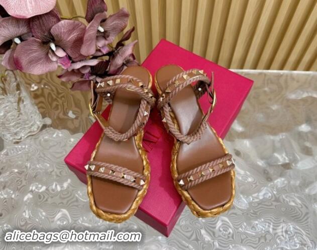 Purchase Valentino Roman Stud Wedge Sandals 4.5/7.5cm with Straw-Like Outsole Brown 116040