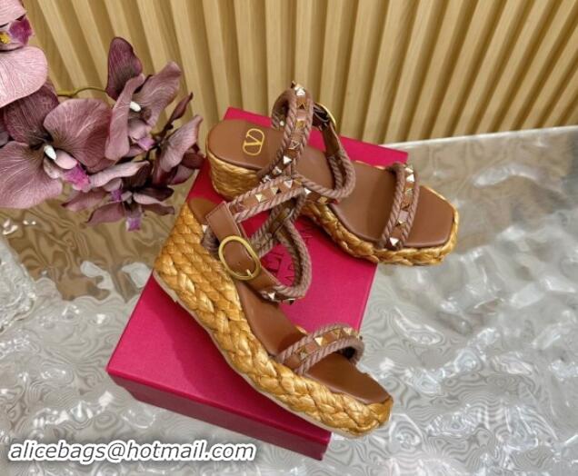 Purchase Valentino Roman Stud Wedge Sandals 4.5/7.5cm with Straw-Like Outsole Brown 116040