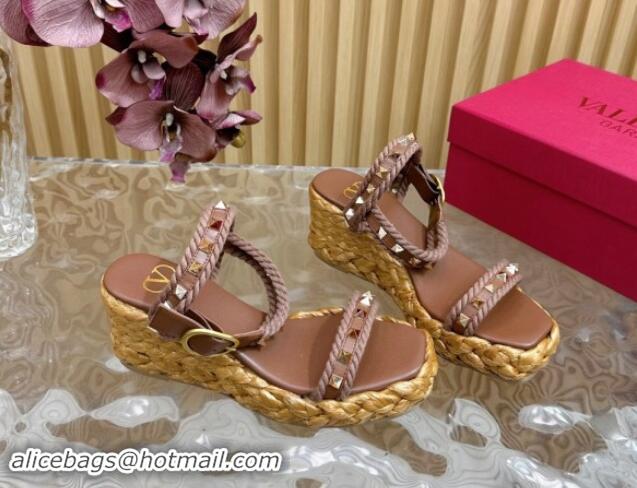 Purchase Valentino Roman Stud Wedge Sandals 4.5/7.5cm with Straw-Like Outsole Brown 116040