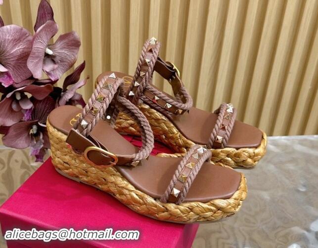 Purchase Valentino Roman Stud Wedge Sandals 4.5/7.5cm with Straw-Like Outsole Brown 116040