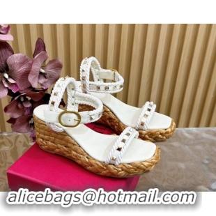 Cheap Price Valentino Roman Stud Wedge Sandals 4.5/7.5cm with Straw-Like Outsole White 1116041