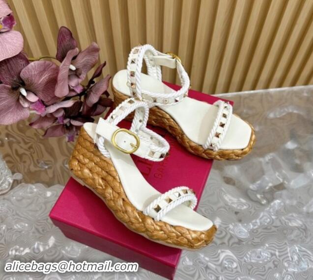 Cheap Price Valentino Roman Stud Wedge Sandals 4.5/7.5cm with Straw-Like Outsole White 1116041