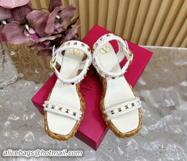 Cheap Price Valentino Roman Stud Wedge Sandals 4.5/7.5cm with Straw-Like Outsole White 1116041