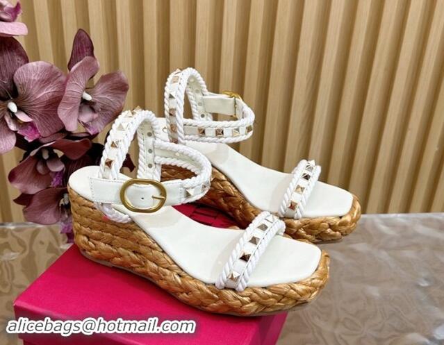 Cheap Price Valentino Roman Stud Wedge Sandals 4.5/7.5cm with Straw-Like Outsole White 1116041