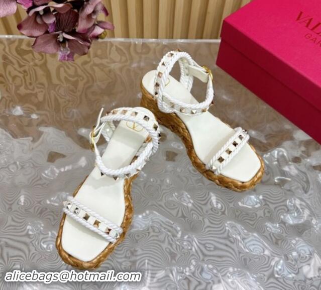 Cheap Price Valentino Roman Stud Wedge Sandals 4.5/7.5cm with Straw-Like Outsole White 1116041