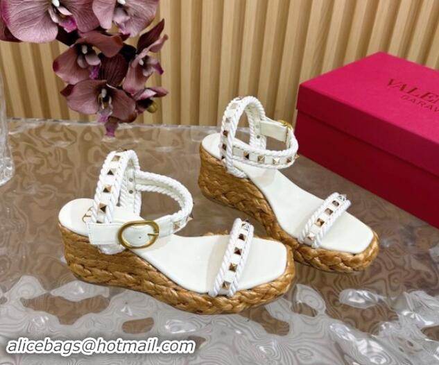 Cheap Price Valentino Roman Stud Wedge Sandals 4.5/7.5cm with Straw-Like Outsole White 1116041