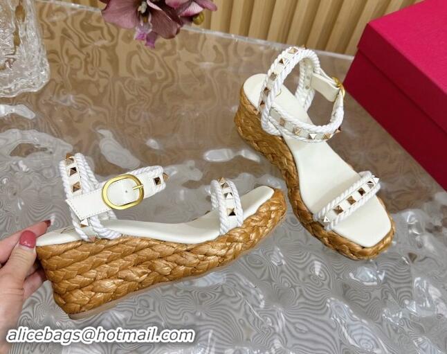 Cheap Price Valentino Roman Stud Wedge Sandals 4.5/7.5cm with Straw-Like Outsole White 1116041