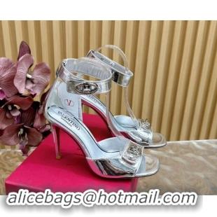 Shop Cheap Valentino VLogo Locker Calfskin Leather High Heel Sandals 9.5cm Silver 116048