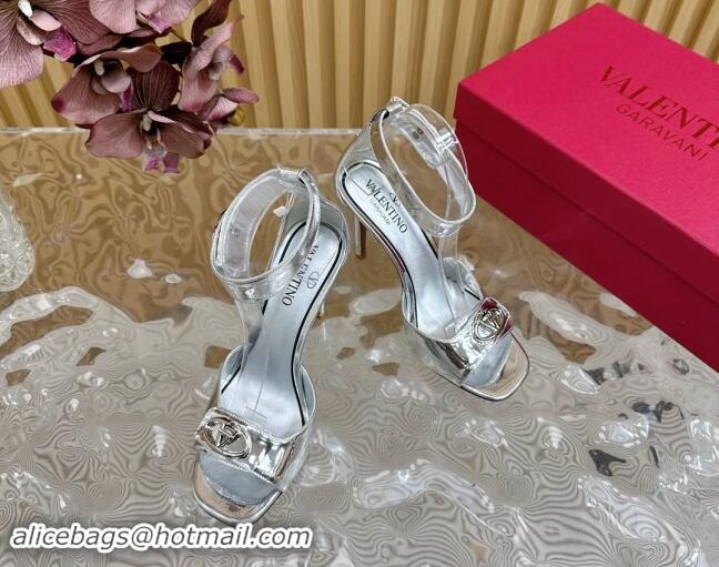 Shop Cheap Valentino VLogo Locker Calfskin Leather High Heel Sandals 9.5cm Silver 116048