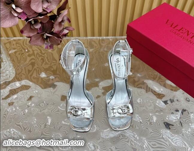 Shop Cheap Valentino VLogo Locker Calfskin Leather High Heel Sandals 9.5cm Silver 116048