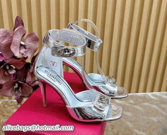 Shop Cheap Valentino VLogo Locker Calfskin Leather High Heel Sandals 9.5cm Silver 116048