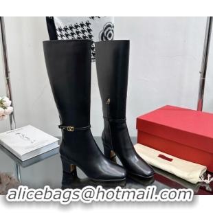 Luxury Discount Valentino VLogo Calfskin Leather High Boots 8cm Black 1116052