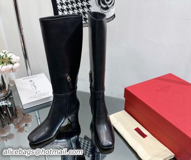 Luxury Discount Valentino VLogo Calfskin Leather High Boots 8cm Black 1116052