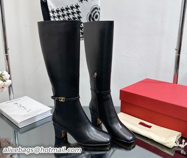 Luxury Discount Valentino VLogo Calfskin Leather High Boots 8cm Black 1116052