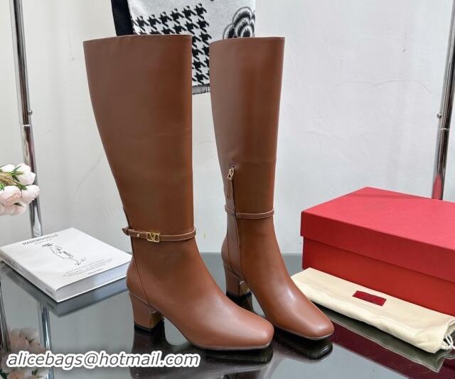 Good Product Valentino VLogo Calfskin Leather High Boots 8cm Brown 1116053