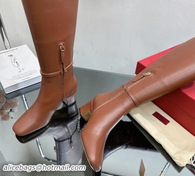 Good Product Valentino VLogo Calfskin Leather High Boots 8cm Brown 1116053