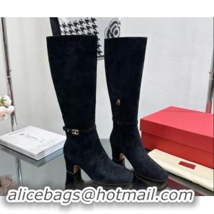 Stylish Valentino VLogo Suede High Boots 8cm Black 1116055