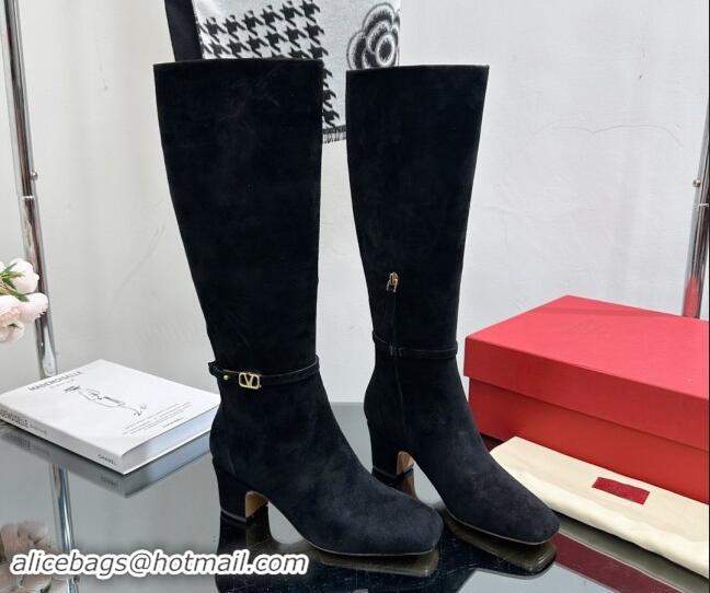 Stylish Valentino VLogo Suede High Boots 8cm Black 1116055