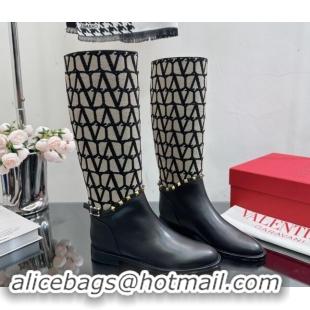 Grade Valentino Rockstud High Boots with Strap in Toile Iconographe Fabric Black 1118001