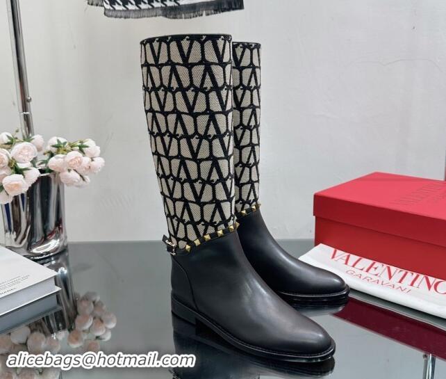 Grade Valentino Rockstud High Boots with Strap in Toile Iconographe Fabric Black 1118001