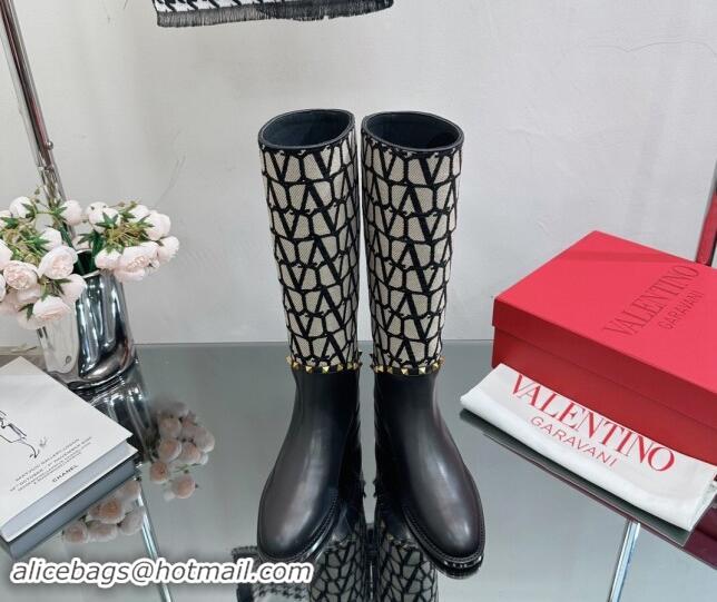 Grade Valentino Rockstud High Boots with Strap in Toile Iconographe Fabric Black 1118001