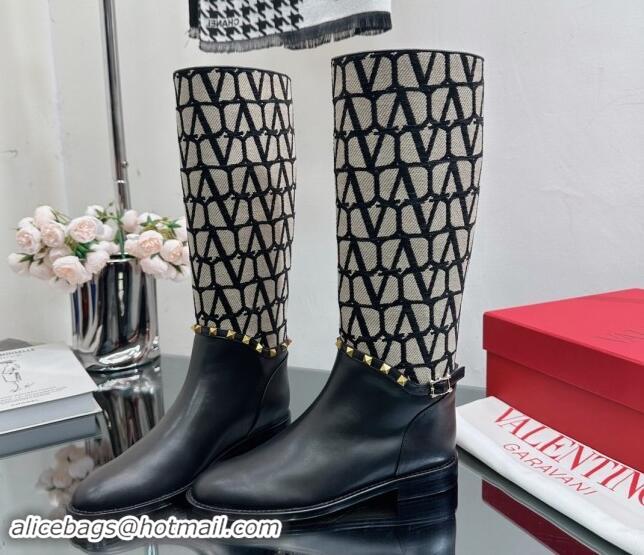 Grade Valentino Rockstud High Boots with Strap in Toile Iconographe Fabric Black 1118001