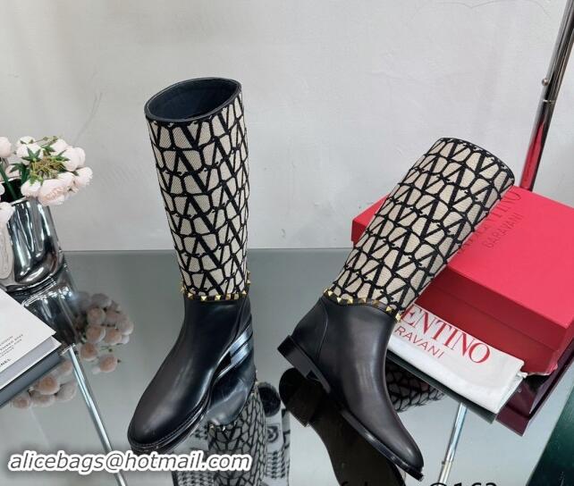 Grade Valentino Rockstud High Boots with Strap in Toile Iconographe Fabric Black 1118001