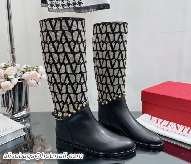 Grade Valentino Rockstud High Boots with Strap in Toile Iconographe Fabric Black 1118001