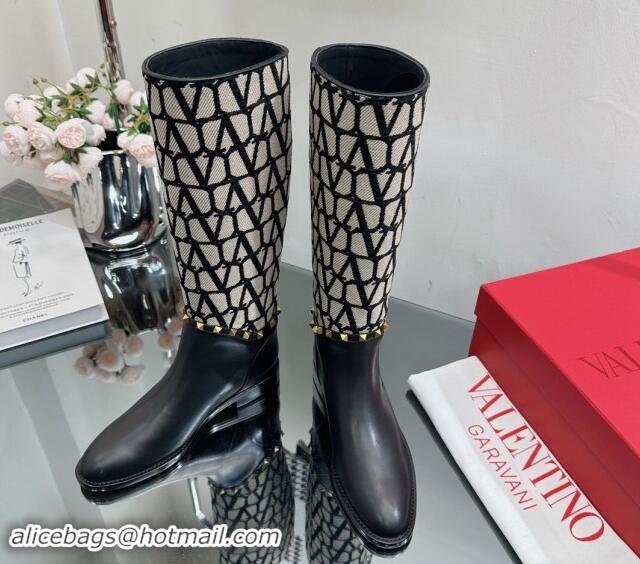 Grade Valentino Rockstud High Boots with Strap in Toile Iconographe Fabric Black 1118001