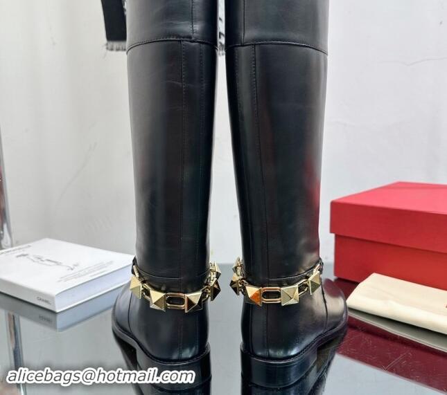 Duplicate Valentino Rockstud Chain Calfskin Leather High Boots Black 1118002