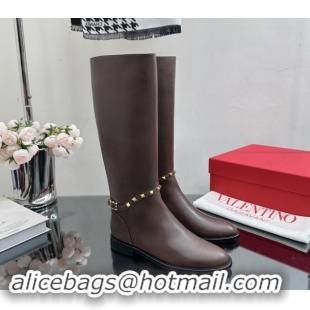 Classic Hot Valentino Rockstud Calfskin Leather High Boots with Strap Brown 1118003