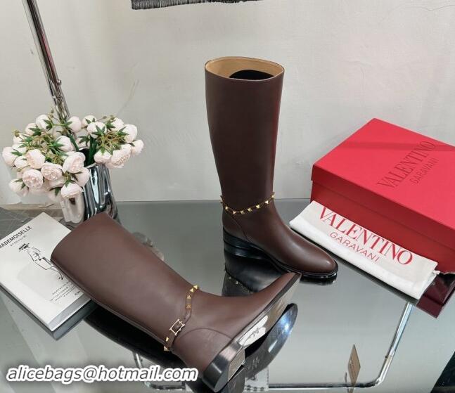 Classic Hot Valentino Rockstud Calfskin Leather High Boots with Strap Brown 1118003