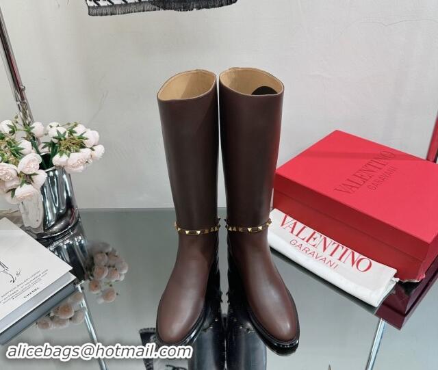 Classic Hot Valentino Rockstud Calfskin Leather High Boots with Strap Brown 1118003