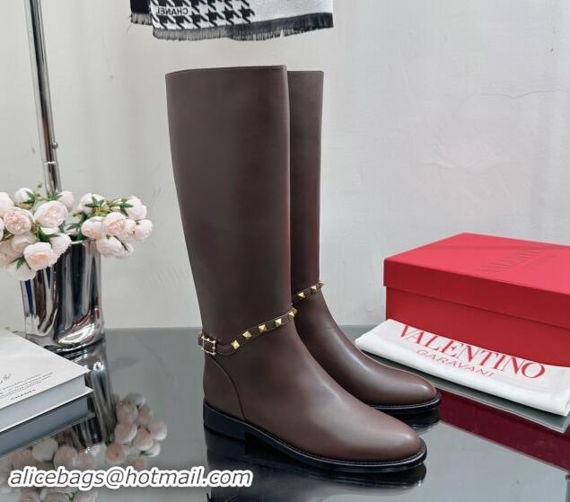 Classic Hot Valentino Rockstud Calfskin Leather High Boots with Strap Brown 1118003