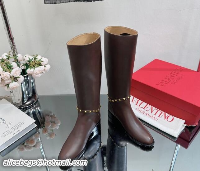 Classic Hot Valentino Rockstud Calfskin Leather High Boots with Strap Brown 1118003