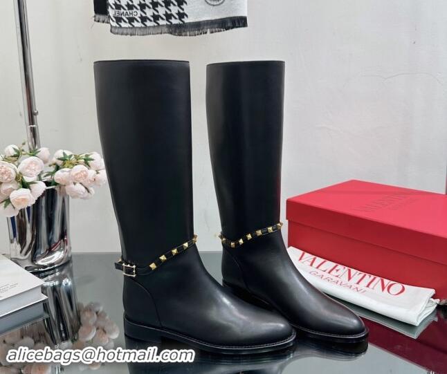 1:1 aaaaa Valentino Rockstud Calfskin Leather High Boots with Strap Black 1118004