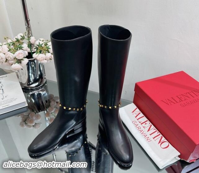 1:1 aaaaa Valentino Rockstud Calfskin Leather High Boots with Strap Black 1118004