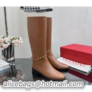 Sumptuous Valentino Rockstud Calfskin Leather High Boots with Strap Brown 118005