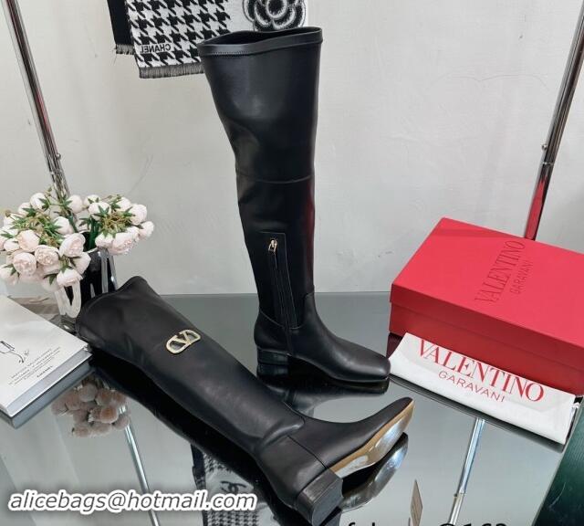 Charming Valentino Rockstud Calfskin Leather High Boots Black 1118006