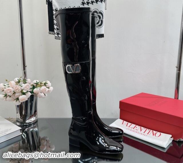 Hot Style Valentino Rockstud Patent Calfskin High Boots Black 1118007