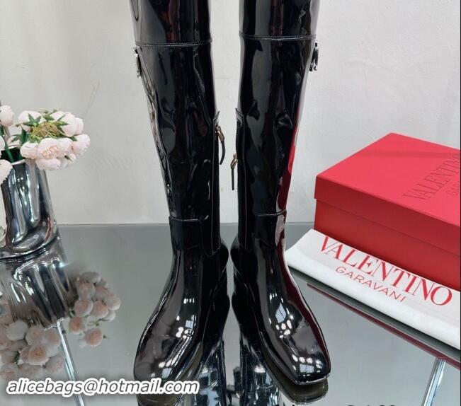 Hot Style Valentino Rockstud Patent Calfskin High Boots Black 1118007