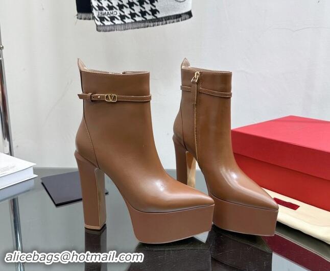 Sophisticated Valentino Tan-Go Platform Ankle Boots 15.5cm in Calfskin Leather Brown 1118009