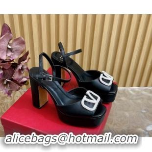 Good Quality Valentino Strass VLogo Satin Platform Sandals Black 118013